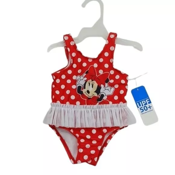 DISNEY MINNIE MOUSE Bathing Suit Red Polka Dot Baby Girl Swimsuit Size ...