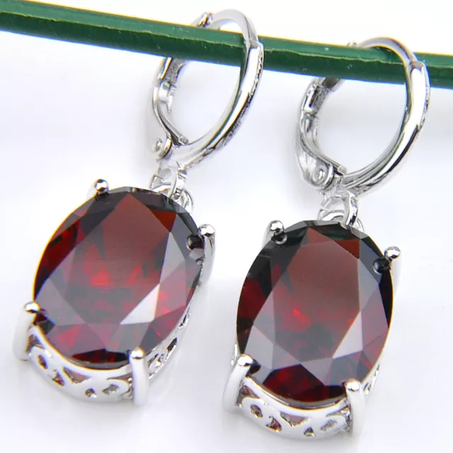 Oval Cut Design Natural Red Fire Garnet Gemstone Silver Dangle Hook Earrings