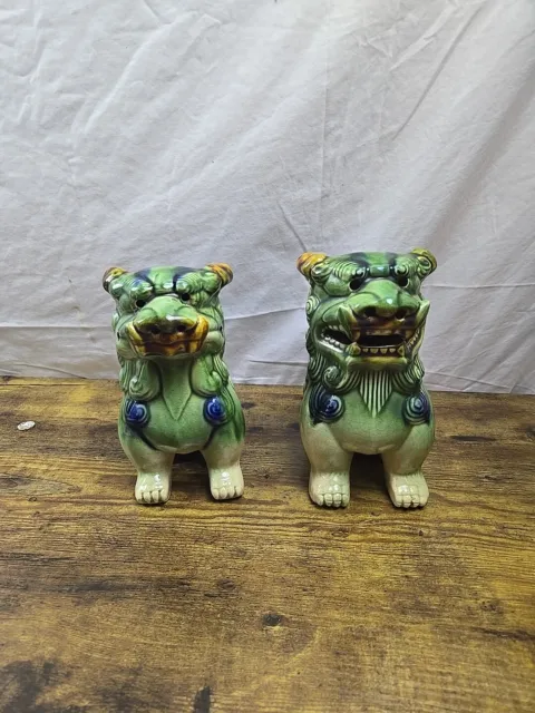 Pair Of Vintage Chinese Foo Dogs Sho Lion Temple Guardian Dog Ceramic