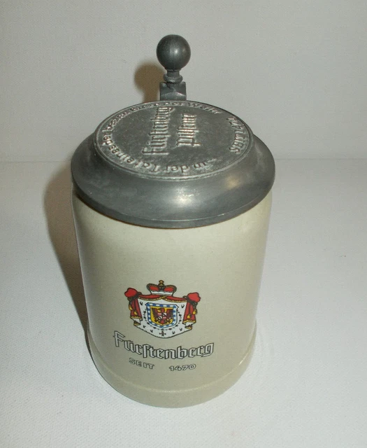 FÜRSTENBERG PILSENER BRAUEREI Bierkrug mit Zinndeckel Spruch Steinkrug