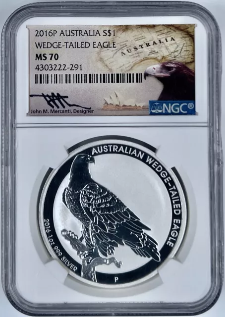 2016-P Australia $1 Silver Wedge Tailed Eagle NGC MS 70 John Mercanti Signed 999