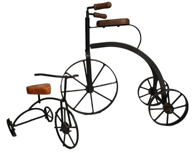 VINTAGE TRICYCLE SCULPTURES Toy Model Wrought Iron Wood Eclectic Boho