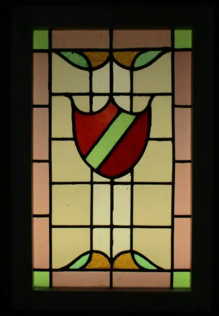 MIDSIZE OLD ENGLISH LEADED STAINED GLASS WINDOW Colorful Shield 17" x 25.75"