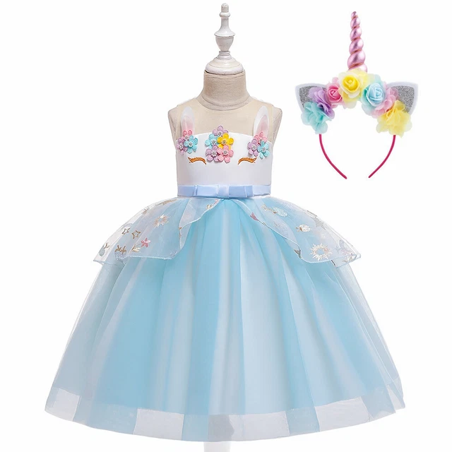 Abito da festa costume unicorno per ragazze / cosplay tutù blu fascia fiore