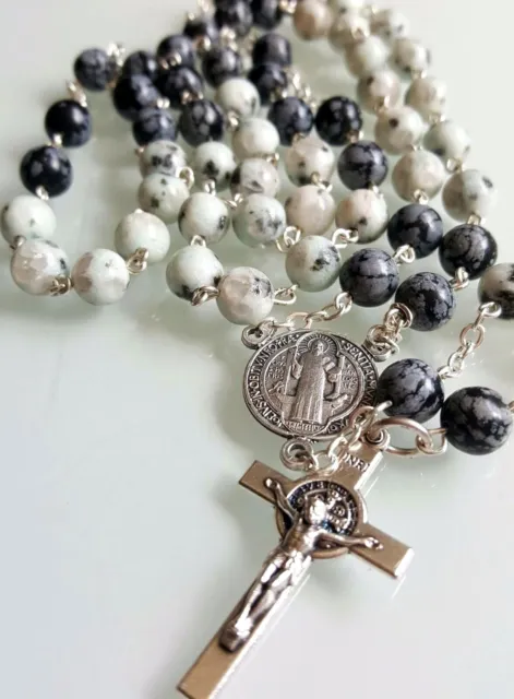 Lotus & Snowflake Jasper Cross Rosary Necklace St. Benedict Prayer Beads Unisex