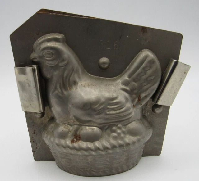 Antique Hen On Nest Rooster Chocolate Mold number #316- 2.5" x 3", 2 clips