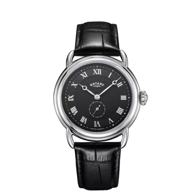 ROTARY VINTAGE MENS Watch with Black Leather Strap and Black Dial