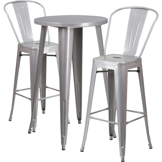 3-Pc Silver Metal Bar Table Set 24inx41in Round Table w/2 Bistro-Style Barstools