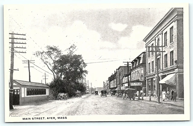 Postcard MA Ayer Main Street 1920's View Old Cars Ice Cream Store R26