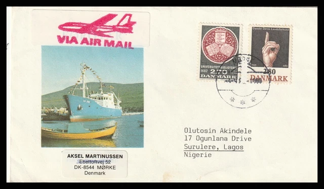 13106 - DANMARK 1980's CACHET COVER MOERKE TO LAGOS NIGERIA