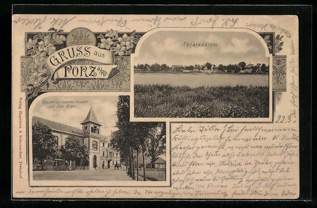 AK Köln-Porz, Gasthof zur schönen Aussicht von Jean Dilgen, Ortsansicht 1903