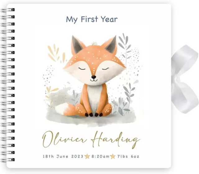 Personalised Fox Design Baby Journal First Year Memory Scrapbook & Photo Album