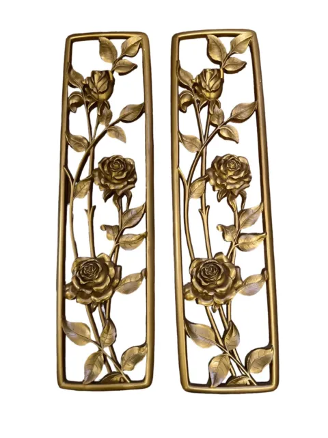 Vintage MCM Syroco Gold Hollywood Regency Roses Wall Hanging Pair 23”x6.25”