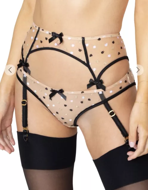 NWT Agent Provocateur Garter Belt Supender Brie Sheer Black Nude Polka Dot 4 M 8