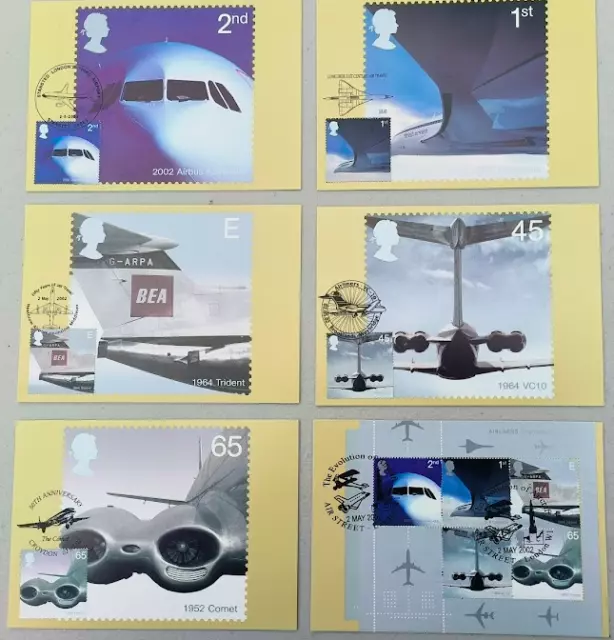 GB PHQ 2002 Airliners F.D.I. 6 x Cards 241 various pictorial handstamps