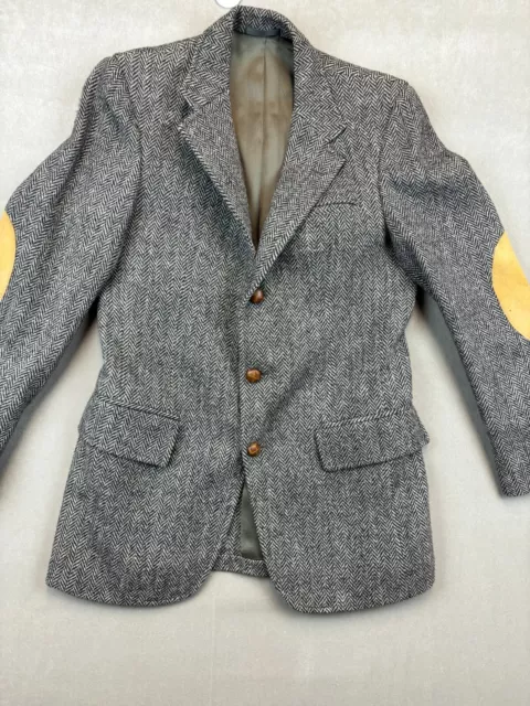 Harris Tweed Blazer Gray Scottish Wool Herringbone Coat Hunting Jacket Sz 36 VTG