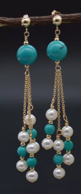 14K Solid Gold Natural Turquoise & Pearl Chandelier Dangle Earrings