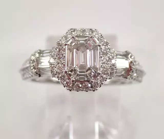 3Ct Emerald Cut Real Moissanite Wedding Halo Ring 14K White Gold Plated Silver