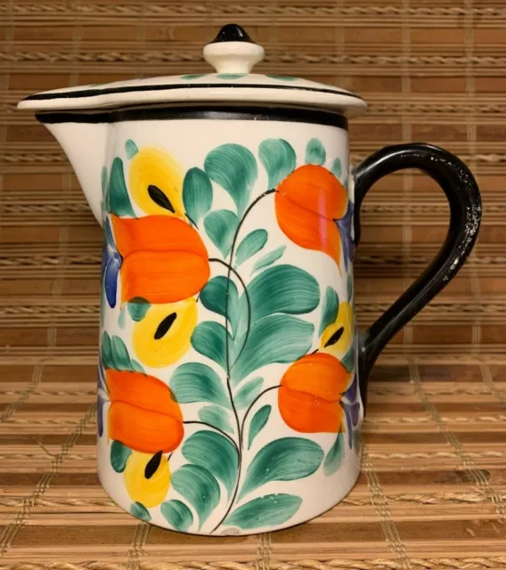 Vintage Czechoslovakia Hand Painted Floral Tulips Pottery Pitcher w/ Lid Marked