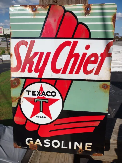 Vintage Texaco Sky Chief Porcelain Sign Pump Plate Gas Station Gasoline 18”x12”