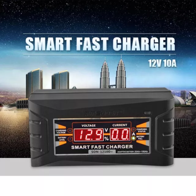 12V 10A Smart Fast Lead-acid Battery Charger for Car LCD Display 150~250V 3