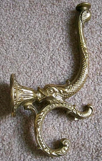 Vintage Brass Wall Coat Hat Rack Hook Sea Serpent Fish Antique Victorian Style