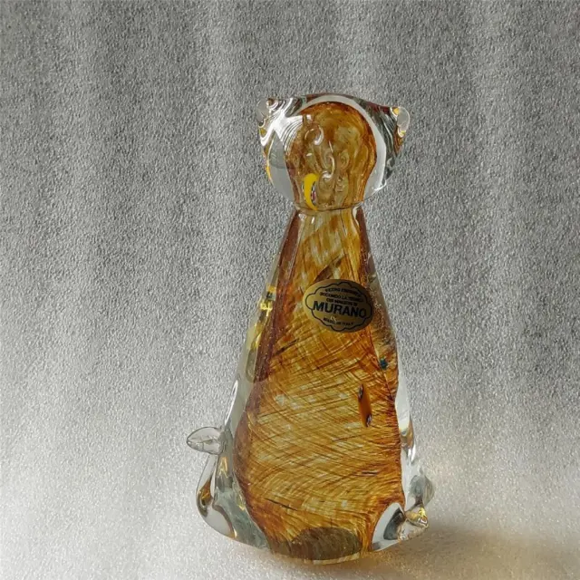 Vintage Murano Blown Glass Orange  & clear  CAT with label  15 cm high