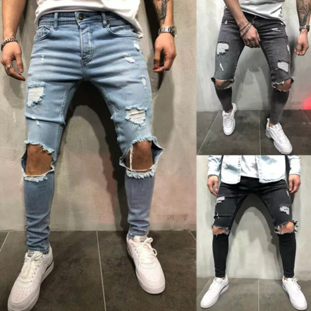 Mens Slim Ripped Knee Hole Skinny Jeans Trousers Biker Distressed Frayed Pants