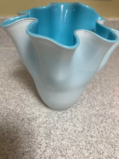 Gorgeous Designs Blue & White Hand Blown Art Glass Ruffled Top Vase