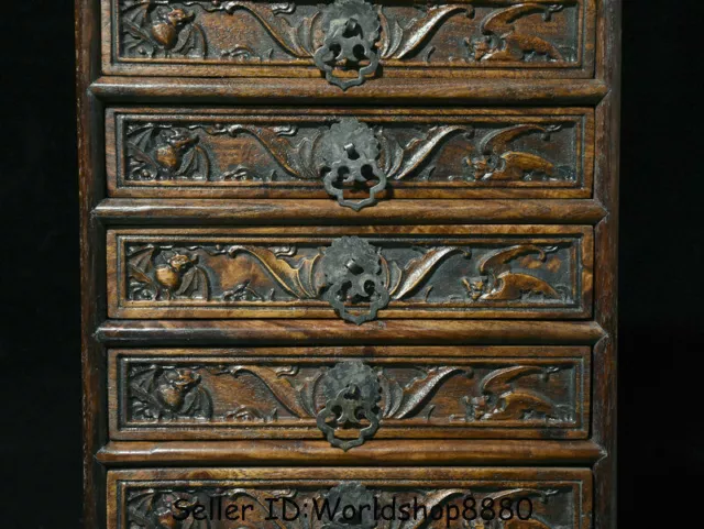 11.6" Old China Huanghuali Wood Dynasty Bat Handle 5 drawer cupboard furniture 3