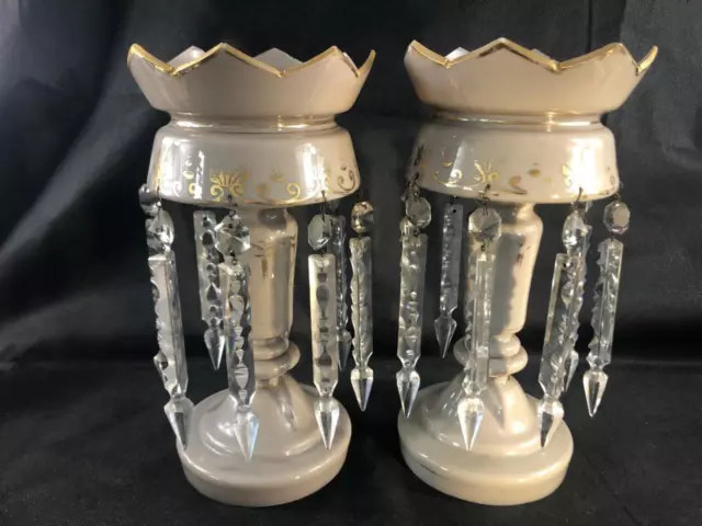 Fine Pair Antique Victorian Gilded Glass Mantle Candle Lustres ~ Prism Drops