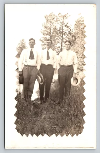 RPPC Handsome Young Men Flat End Ties Holding Hats FASHION ANTIQUE Postcard