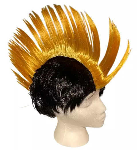 ULTRA YELLOW MOHAWK WIG Funny Spike Punk Rock Clown Black Hair Costume Hat