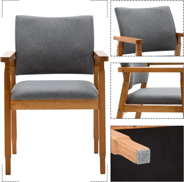 Mid Century Modern Walnut Dining Chair Wood Arm Gray Fabric Kitchen Living Room