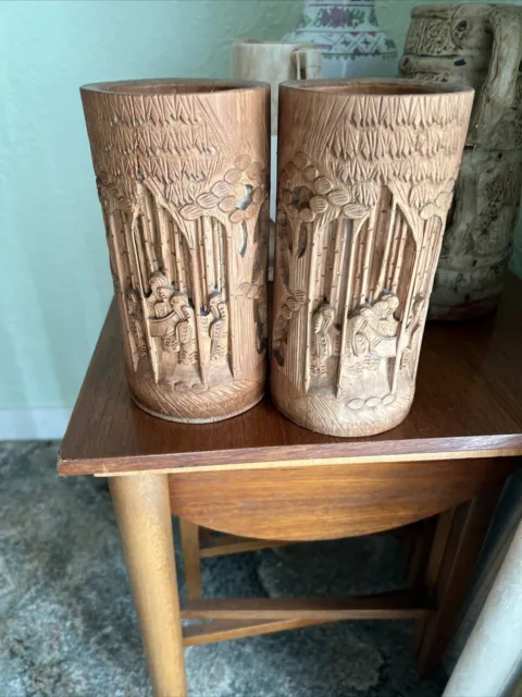 Pair of Finely Hand Carved Antique Bamboo Brush Pots .