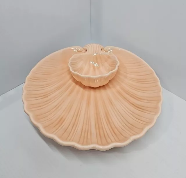 Beautiful Vintage-1983-Scioto Mold-Clam Shell Chip & Dip Bowl Peach/Pink Colour