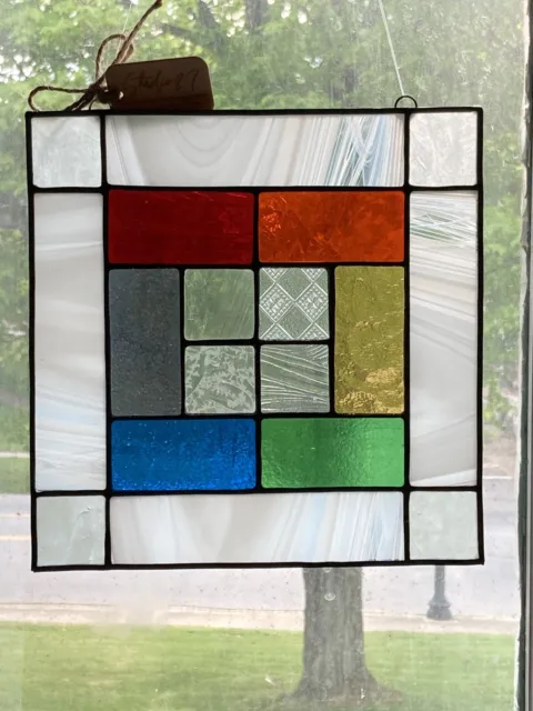 Colorful Geometric Stained Glass Window Panel Handcrafted USA