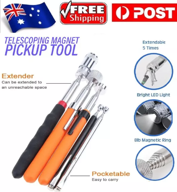 Portable Magnetic Pick Up Nut Tool Extendable Telescopic LED Torch Magnet Rod Au