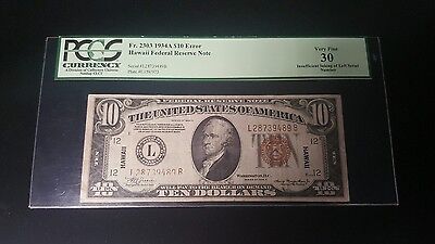 1934A Ten Dollar Error Hawaii Federal Reserve Note PCGS VF30 Fr. 2303