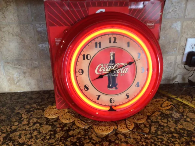 Retro Style 15” Metal Coca-Cola Diner, Wall Clock With Neon Light, NIB