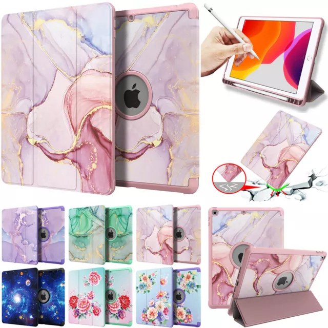 For iPad 7th 8th 9th Gen 10.2" 2021 Smart Marble Stand Case Cover With Pen Slot