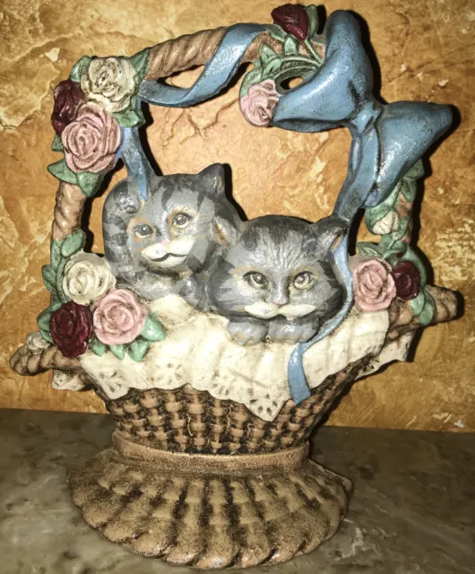 Cast Iron Two Gray Cats in Basket+Blue Ribbon+Roses Doorstop VINTAGE CAT LOVER