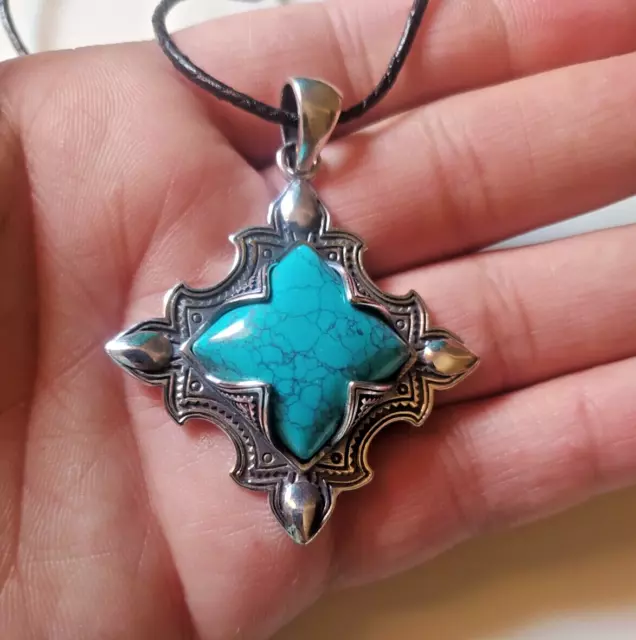 Ancient Vintage Necklace Pendant Victorian Sterling Silver & Turquoise Stone