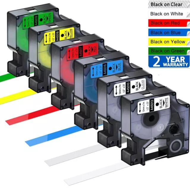 Compatible Dymo D1 45013 45010 Label Tape 6/9/12/19/24mm Black/White/Yellow/Blue