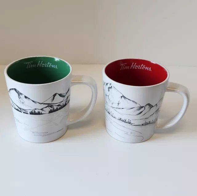 Lot of 2 TIM HORTONS Coffee Mugs Hockey  12oz Ceramic Multi-color Mountains
