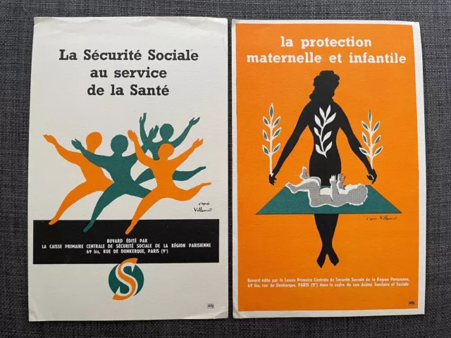 Lot de 2 buvards Sécurité Sociale protection infantile illustrateur Villemot