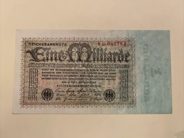 Reichsbanknote Eine Milliarde Mark ab Oktober 1923, Firmendruck FZrotKN 6stellig