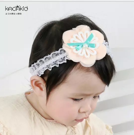Newborn Baby Girls Elastic White Peach flower Pearl headband photo accessory
