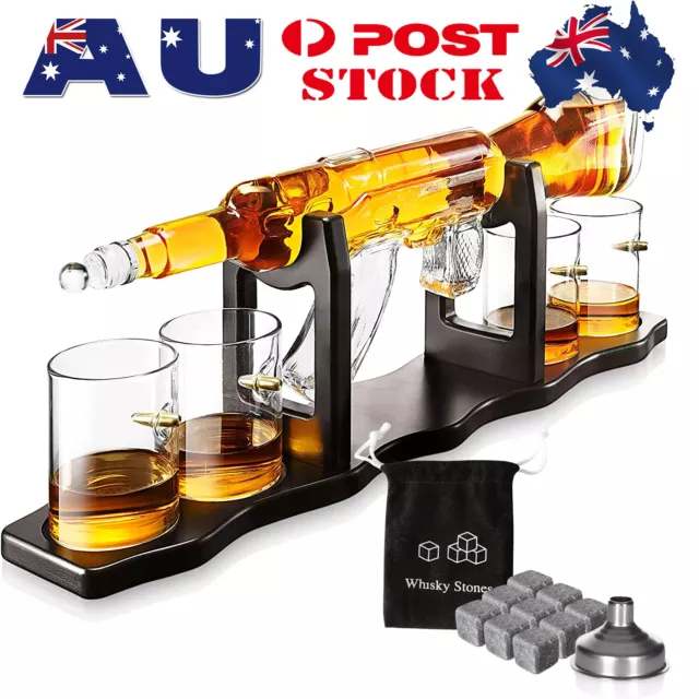 800ml Whiskey Scotch AK47 Rifle Gun Decanter 4 Bullet Etched Glasses Set  H