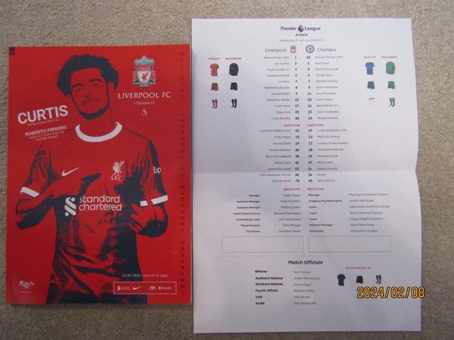 Liverpool Shet LIVERPOOL V CHELSEA Wed 31 January 2024 (inc OFFICIAL PREMIER LEAGUE ...